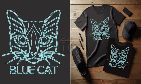 A stylish blue cat t-shirt design line vector illustration presentation by a modern mockup.