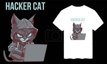 T-shirt design tendance avec illustration chat hacker