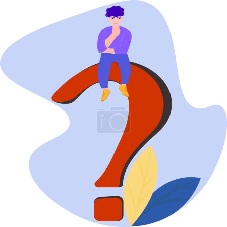 Illustration for A thinking man on a large red question mark near which there are blue and yellow leaves on a light blue background. Vector illustration - Royalty Free Image