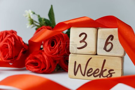 Téléchargez les photos : Jalon d'âge gestationnel de 36 semaines écrit sur un cube en bois avec des roses rouges et des rubans, et un fond blanc - en image libre de droit
