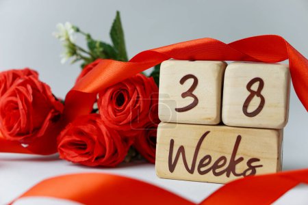 Téléchargez les photos : 38 semaines d'âge gestationnel jalon écrit sur un cube en bois avec des roses rouges et des rubans, et un fond blanc - en image libre de droit