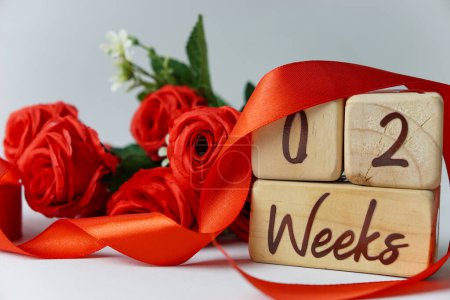 Téléchargez les photos : Jalon de l'âge gestationnel de 2 semaines écrit sur un cube en bois avec des roses rouges et des rubans, et un fond blanc - en image libre de droit