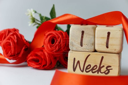 Téléchargez les photos : Jalon de l'âge gestationnel de 11 semaines écrit sur un cube en bois avec des roses rouges et des rubans, et un fond blanc - en image libre de droit