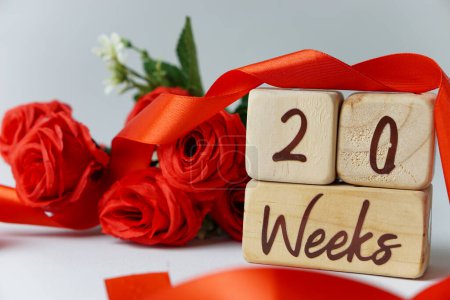 Téléchargez les photos : Jalon d'âge gestationnel de 20 semaines écrit sur un cube en bois avec des roses rouges et des rubans, et un fond blanc - en image libre de droit