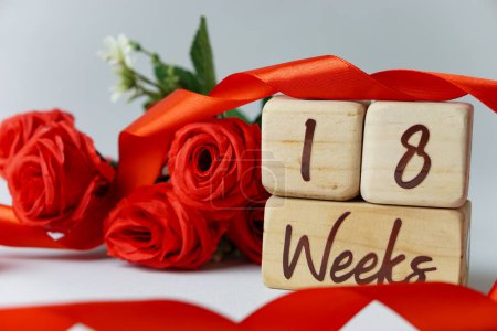 Téléchargez les photos : Jalon d'âge gestationnel de 18 semaines écrit sur un cube en bois avec des roses rouges et des rubans, et un fond blanc - en image libre de droit