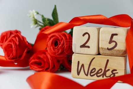 Téléchargez les photos : 25 semaines d'âge gestationnel jalon écrit sur un cube en bois avec des roses rouges et des rubans, et un fond blanc - en image libre de droit