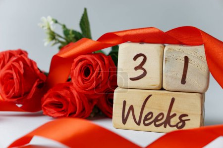 Téléchargez les photos : 31 semaines d'âge gestationnel jalon écrit sur un cube en bois avec des roses rouges et des rubans, et un fond blanc - en image libre de droit