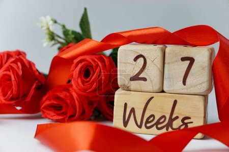 Téléchargez les photos : 27 semaines d'âge gestationnel jalon écrit sur un cube en bois avec des roses rouges et des rubans, et un fond blanc - en image libre de droit