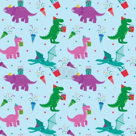 Illustration for Seamless pattern for Birthday with cute dinosaurs suitable for giftwrap, fabric, background and others - Royalty Free Image