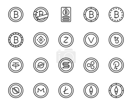 Téléchargez les illustrations : Icônes de contour définies pour Cryptocurrency. - en licence libre de droit