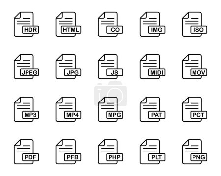 Téléchargez les illustrations : Icônes de contour définies pour le format de fichier. - en licence libre de droit