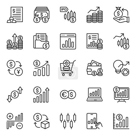 Ilustración de Esquema de iconos establecidos para el mercado de valores y el comercio. - Imagen libre de derechos