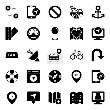 Ilustración de Conjunto de iconos de glifos para Mapa y navegación. - Imagen libre de derechos