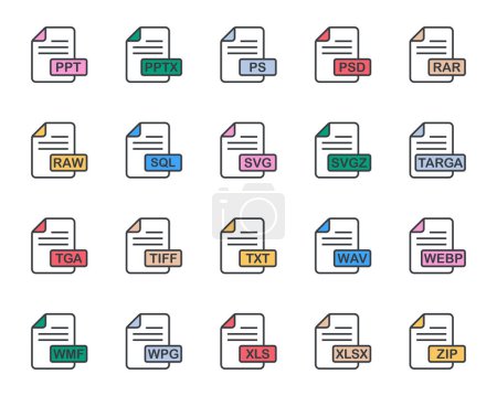 Téléchargez les illustrations : Icônes de contour de couleur remplies pour le format de fichier. - en licence libre de droit