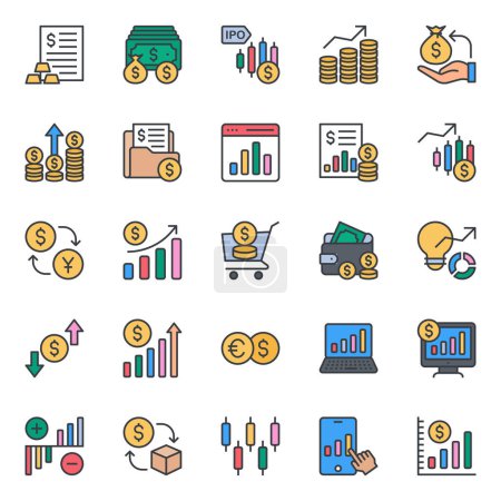 Ilustración de Conjunto de iconos de contorno de color rellenos para bolsa y trading. - Imagen libre de derechos