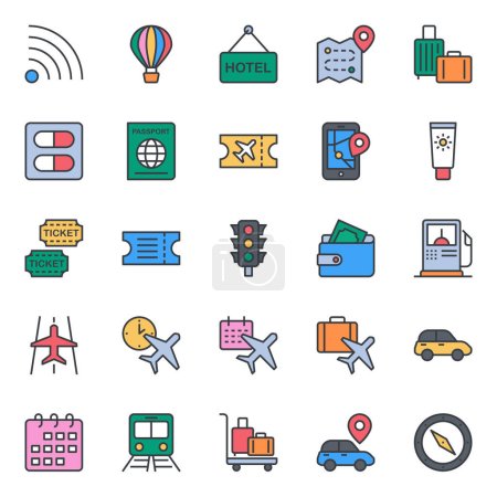 Ilustración de Conjunto de iconos de contorno de colores rellenos para Travel. - Imagen libre de derechos