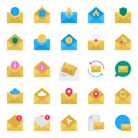 Conjunto de iconos de color plano para la comunicación por correo electrónico.