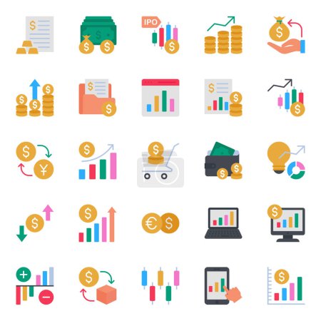 Flat color icons set for Stock market and trading.