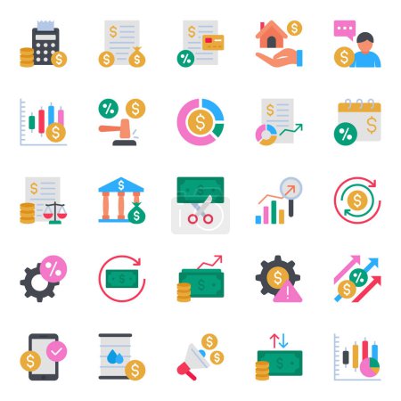 Conjunto de iconos de color plano para el mercado de valores y comercio.