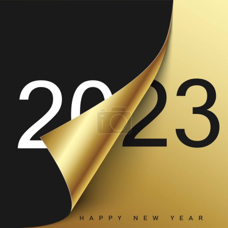 2023 Happy New Year greeting card with curled corner paper. Vector illustration