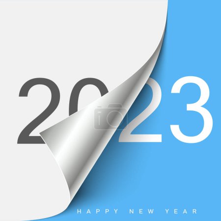 2023 Happy New Year greeting card with curled corner paper. Vector illustration