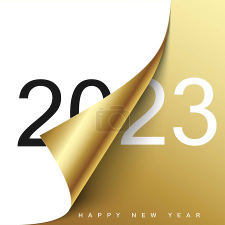 Illustration for 2023 Happy New Year greeting card with curled corner paper. Vector illustration - Royalty Free Image
