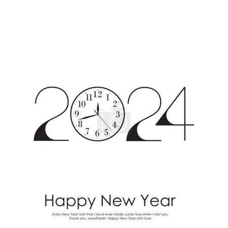 Ilustración de 2024 Feliz año nuevo logotipo de diseño de texto con reloj. Ilustración vectorial - Imagen libre de derechos