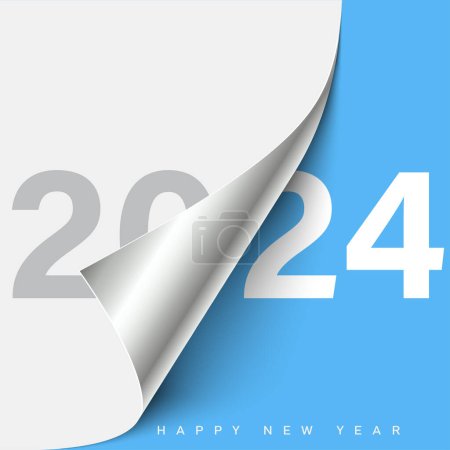 2024 Happy New Year logo text design with curled paper. Vector illustration