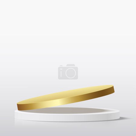 Modern white and gold cylinder pedestal podium. Cosmetic banner display. Vector illustration