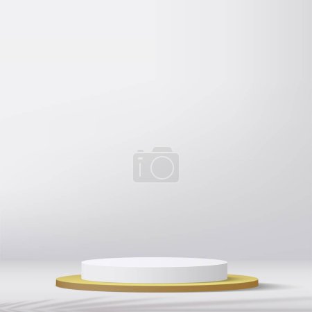 Modern white and gold cylinder pedestal podium. Cosmetic banner display. Vector illustration