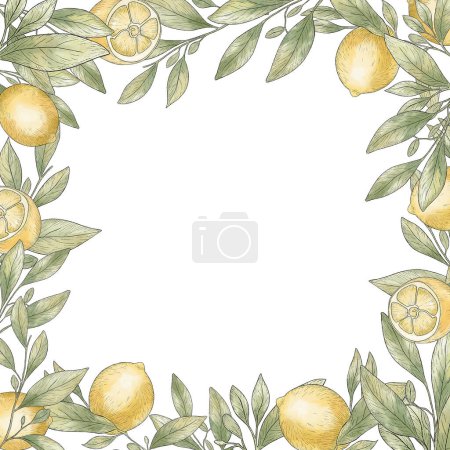 Téléchargez les photos : Cadre aquarelle de branches de citron. Frontière carrée au citron. Course noire, croquis au citron - en image libre de droit