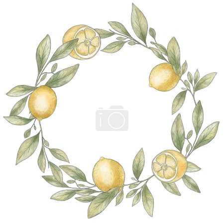 Téléchargez les photos : Couronne aquarelle de branches de citron. Cadre au citron. Course noire, croquis au citron - en image libre de droit