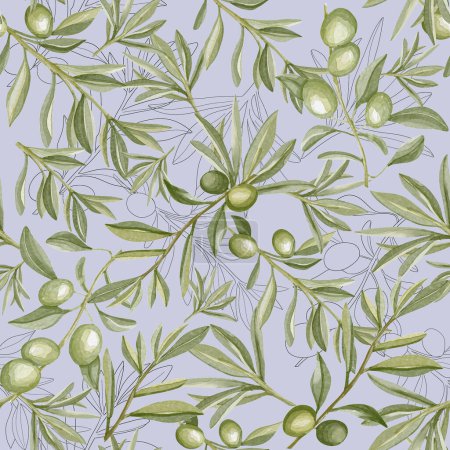 Téléchargez les photos : Aquarelle motif sans couture avec des branches d'olivier vert sur fond blanc dans un style vintage. Illustration botanique olivier - en image libre de droit
