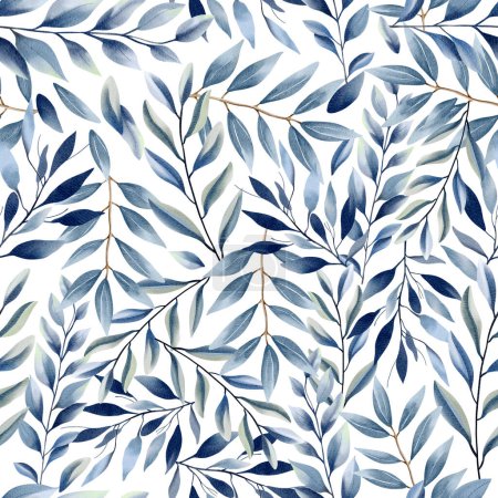 Photo for Watercolor floral background. Seamless pattern with delicate leaves in pastel blue colors. Hand drawn botanical wallpaper - Royalty Free Image