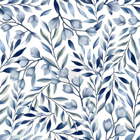 Photo for Watercolor floral background. Seamless pattern with delicate leaves and flowers in pastel blue colors. Hand drawn botanical wallpaper - Royalty Free Image