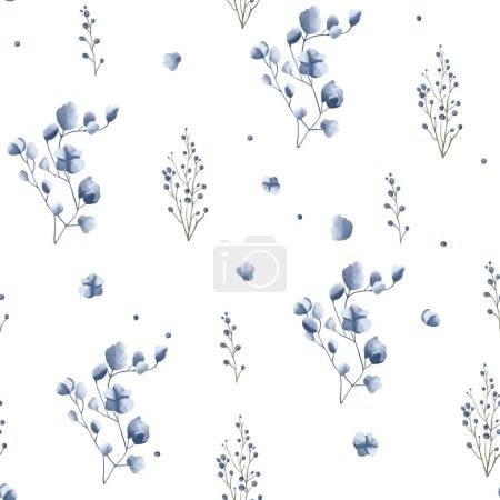 Photo for Seamless pattern with delicate flowers and leaves in blue colors. Hand drawn botanical wallpaper. Watercolor floral background. - Royalty Free Image