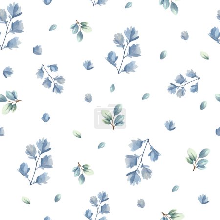 Photo for Seamless pattern with delicate flowers and leaves in turquoise colors. Hand drawn botanical wallpaper. Watercolor floral background. - Royalty Free Image
