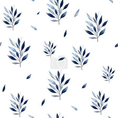 Photo for Seamless pattern with delicate leaves in pastel blue colors. Hand drawn botanical wallpaper. Watercolor floral background. - Royalty Free Image