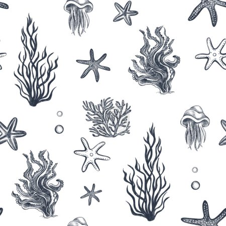 Photo for Undersea seamless background. Swimming starfish,  coral, jellyfish sketch. Underwater marine life pattern. - Royalty Free Image