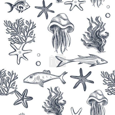 Photo for Undersea seamless background. Swimming fish. starfish,  coral, jellyfish sketch. Underwater marine life pattern. - Royalty Free Image