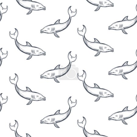Photo for Dolphin seamless background. Swimming fish sketch pattern. Underwater marine life pattern. - Royalty Free Image