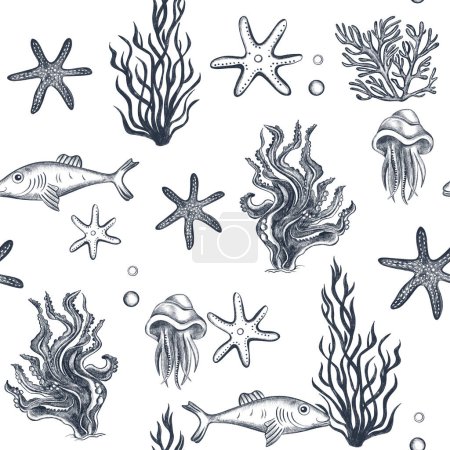 Foto de Fondo submarino sin costuras. Nadando estrellas de mar, coral, bosquejo de medusas. Patrón de vida marina submarina. - Imagen libre de derechos