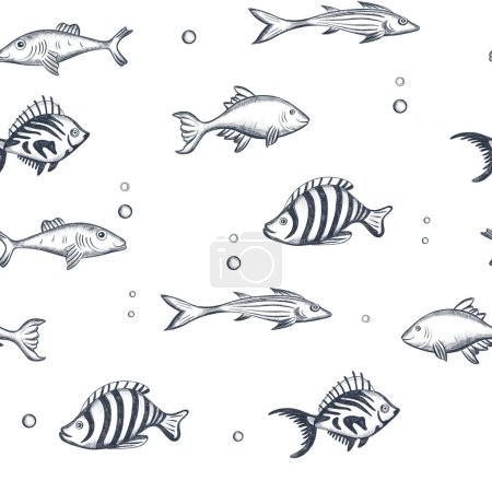 Photo for Undersea, fish seamless background. Swimming fish sketch. Underwater marine life pattern. - Royalty Free Image