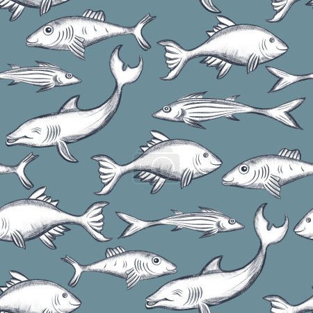 Photo for Fish seamless background. Swimming fish sketch. Underwater marine life pattern. - Royalty Free Image