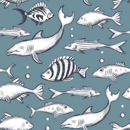 Photo for Fish seamless background. Swimming fish sketch. Underwater marine life pattern. - Royalty Free Image