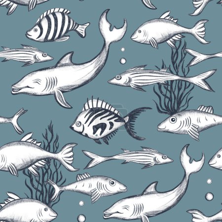 Foto de Patrón sin costuras de pescado. Dibujo a lápiz de peces nadadores. Fondo de vida marina submarina - Imagen libre de derechos