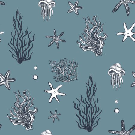 Photo for Undersea seamless background. Swimming starfish,  coral, jellyfish sketch. Underwater marine life pattern. - Royalty Free Image