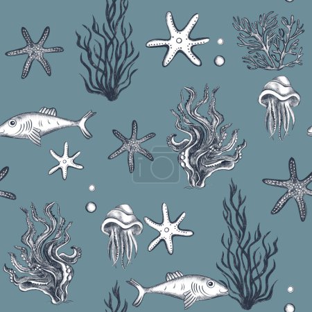 Foto de Fondo submarino sin costuras. Nadando estrellas de mar, coral, bosquejo de medusas. Patrón de vida marina submarina. - Imagen libre de derechos