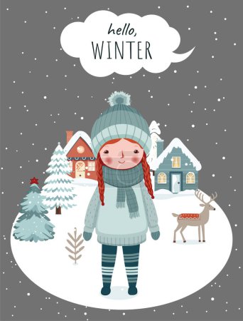 Illustration for Winter poster with girl, snowy trees, house. Christmas card for event invitation, voucher. Wintry scenes. - Royalty Free Image
