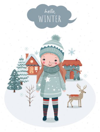 Illustration for Hand drawn winter poster with girl, snowy trees, house. Wnter christmas card for event invitation, voucher, social media. Wintry scenes. - Royalty Free Image